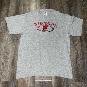 Vintage Logo Athletic Gray and Red Wisconsin Tee Short Sleeve Embroidered Size L